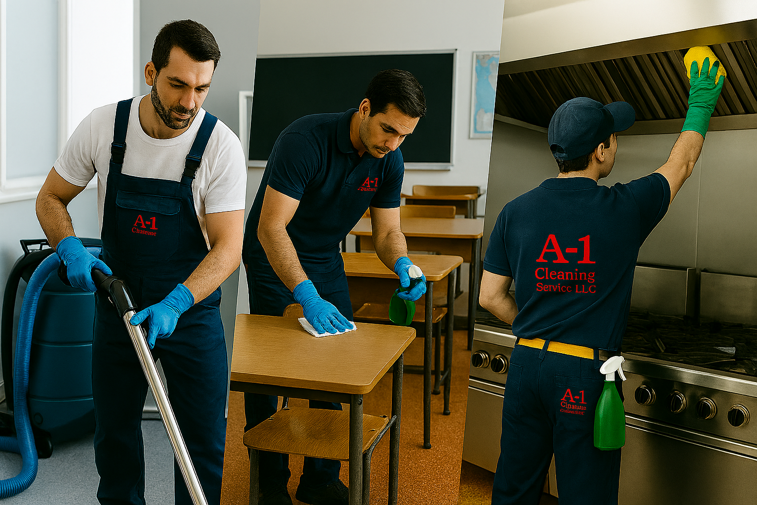 Collage of commercial cleaning services including carpet cleaning, classroom cleaning, and restaurant kitchen hood cleaning performed by uniformed A‑1 Cleaning Service technicians