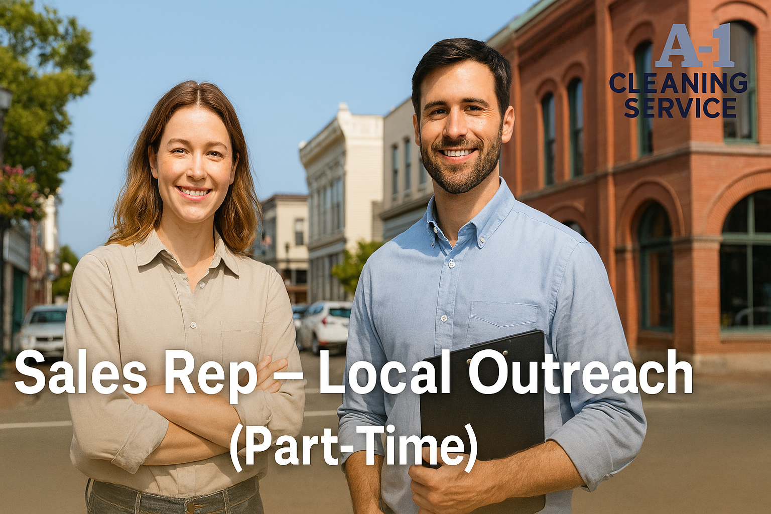 Two sales representatives standing in Old Town Eureka promoting the Sales Rep – Local Outreach job opportunity with A‑1 Cleaning Service.