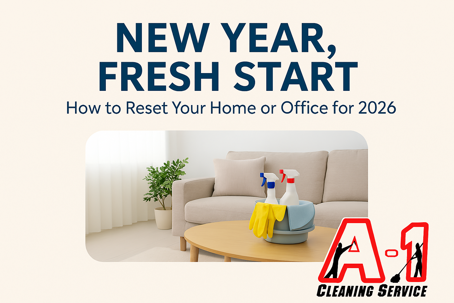 New Year cleaning reset image showing supplies in a clean living room with A‑1 Cleaning Service logo