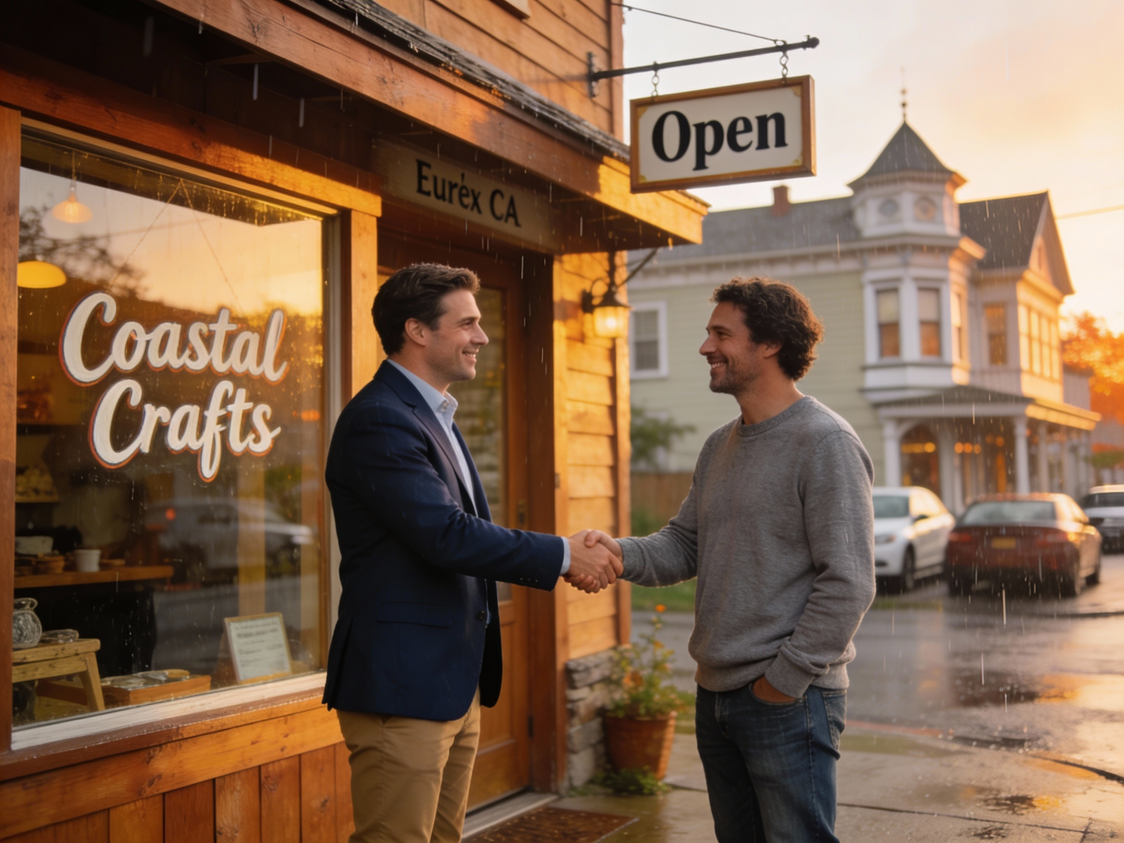 Sales representative meeting with a local business owner outside a shop in Eureka, California during a community outreach visit.
