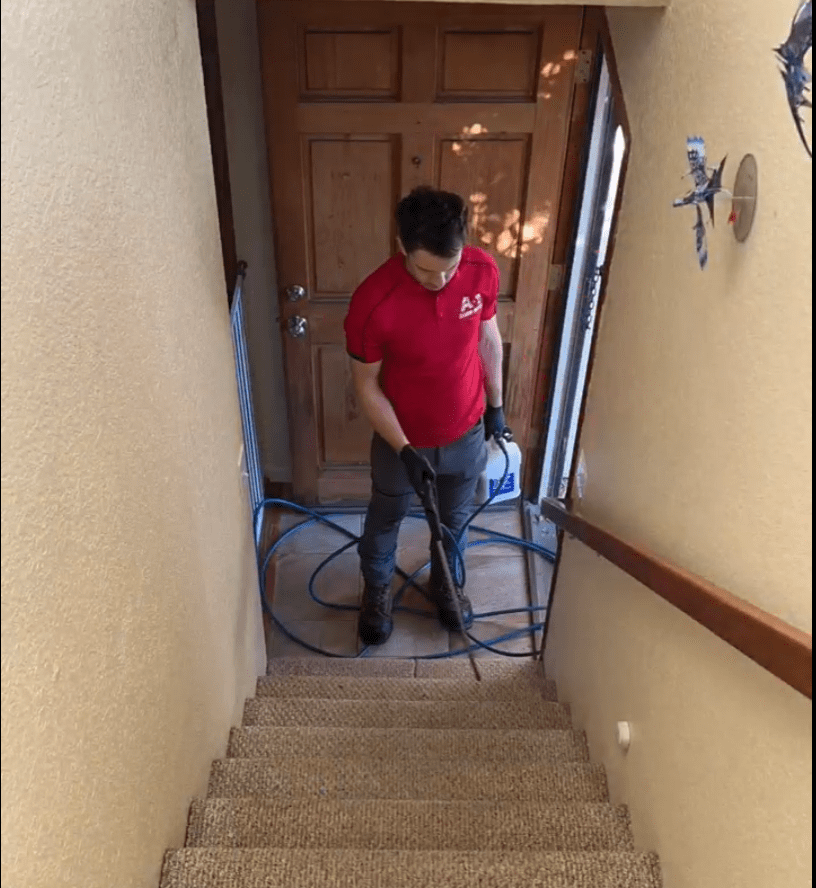 Prespraying Carpeted Stairs | Professional Carpet Cleaning - A-1 Cleaning Service, LLC. Prespraying carpeted stairs as part of professional carpet cleaning service in Humboldt County CA by A‑1 Cleaning Service.