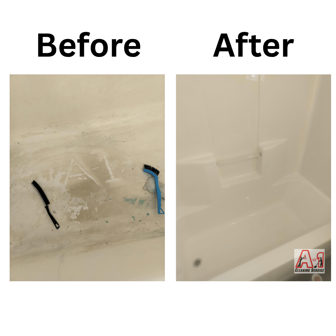 Before and after bathtub cleaning showing heavy buildup removed during vacancy cleaning for a rental property in Eureka, California
