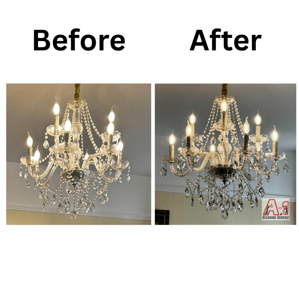 Before and after chandelier cleaning showing detailed fixture restoration during vacancy cleaning for a rental property in Eureka, California