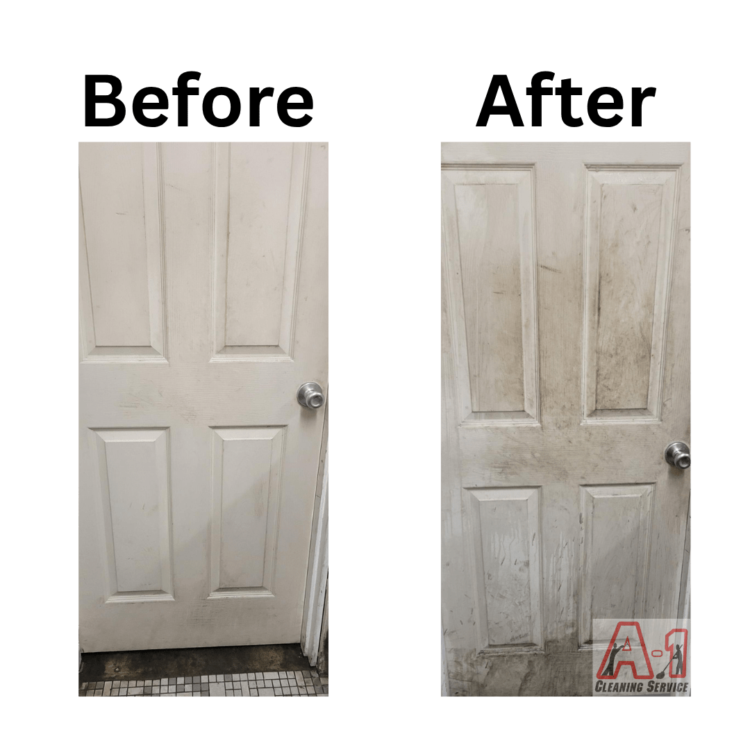 Before and after door cleaning showing removal of heavy buildup during vacancy cleaning for a rental property in Eureka, California