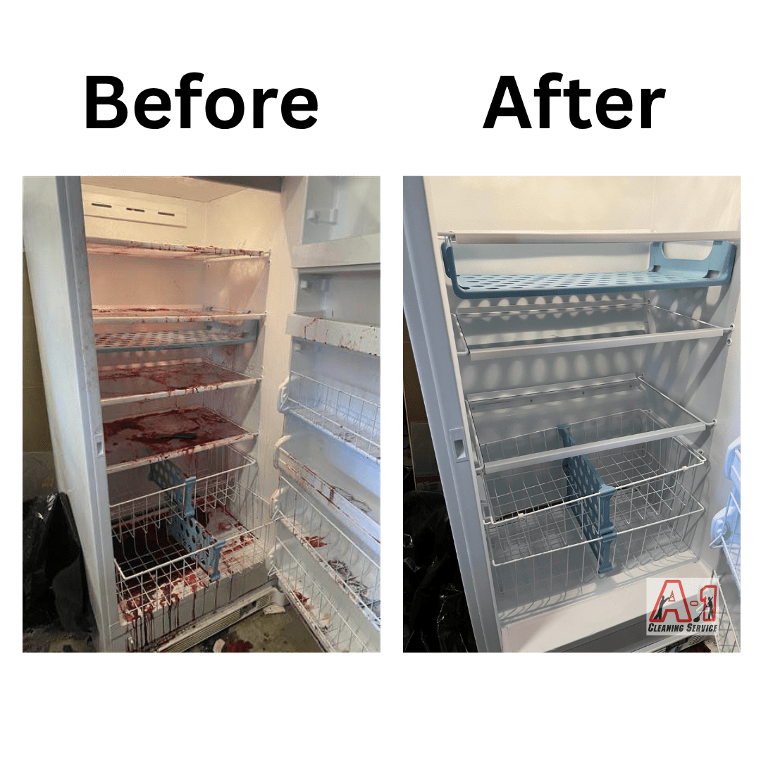 Before and after refrigerator cleaning showing interior shelves sanitized during vacancy cleaning for a rental property in Eureka, California
