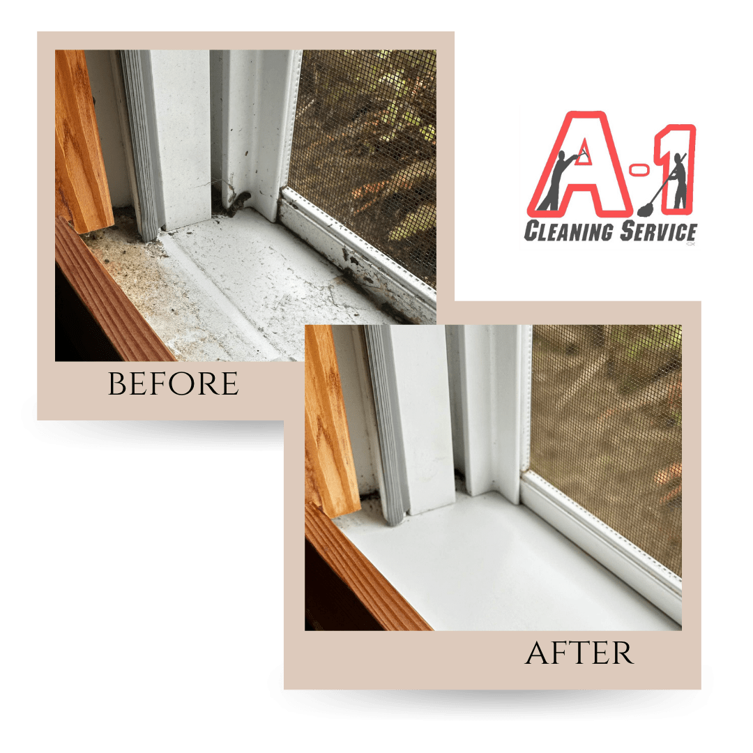Before and after window sill and track cleaning showing buildup removed during vacancy cleaning for a rental property in Eureka, California