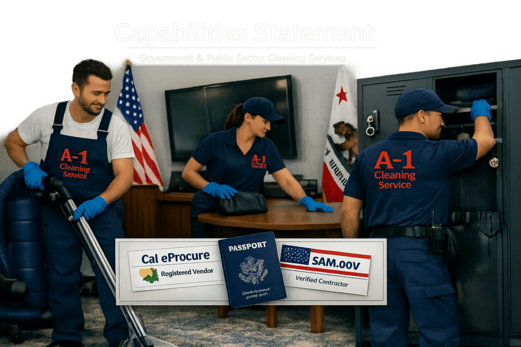 A‑1 Cleaning Service technicians providing government and public‑sector janitorial cleaning services in a municipal facility.