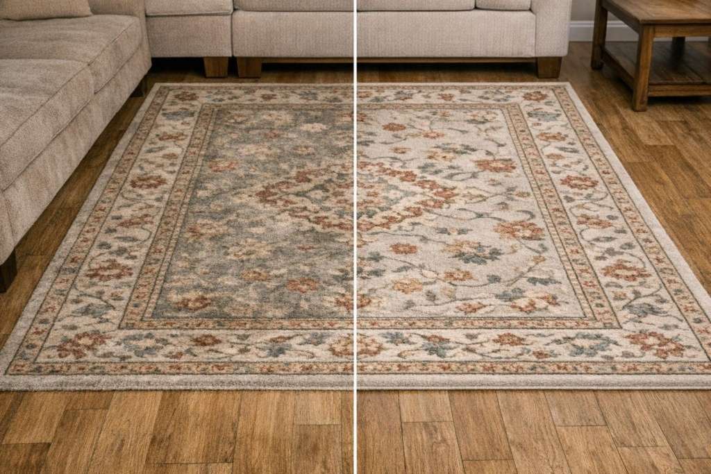 On-site area rug cleaning results showing a cleaned rug in a Humboldt County home