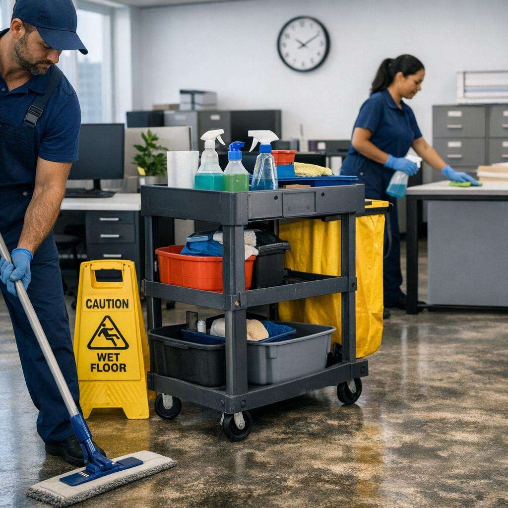 Professional janitorial services maintaining clean commercial workspaces