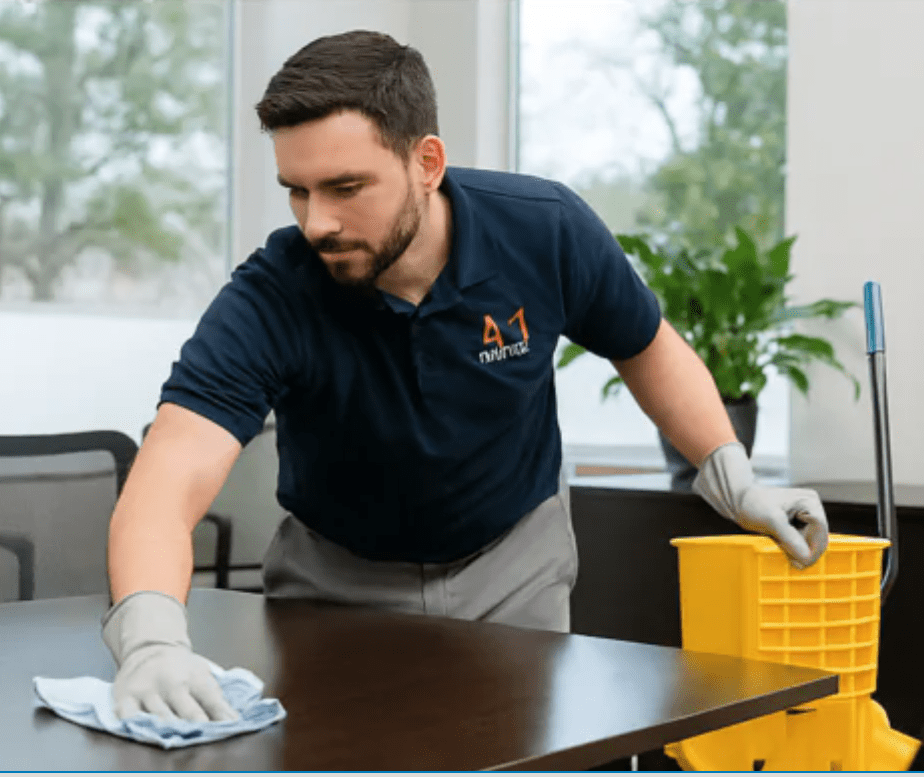 Professional office cleaning service performed by A‑1 Cleaning Service technician in a commercial workspace