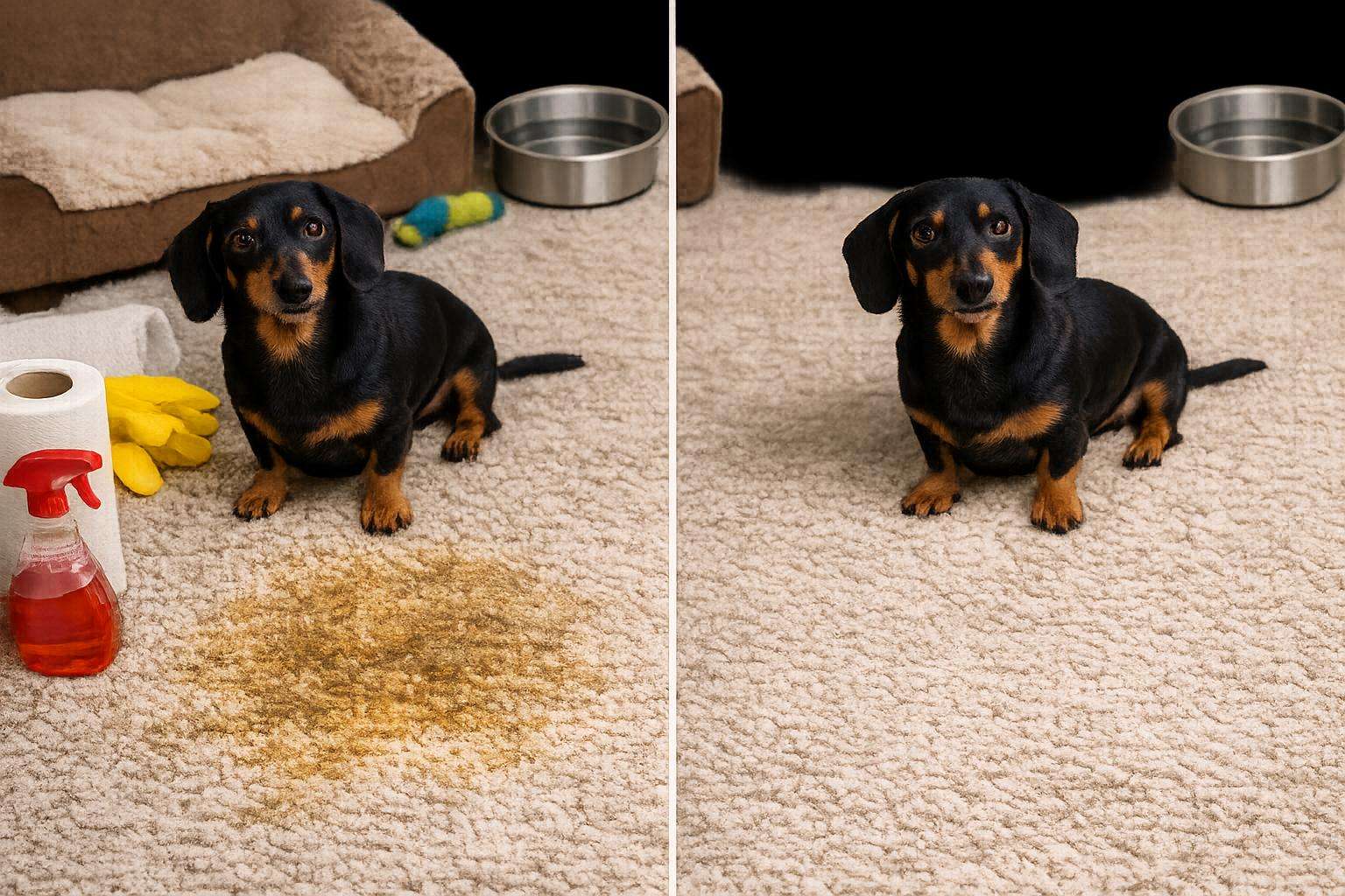 Pet odor & stain removal blog image showing a carpet stain before and after cleaning