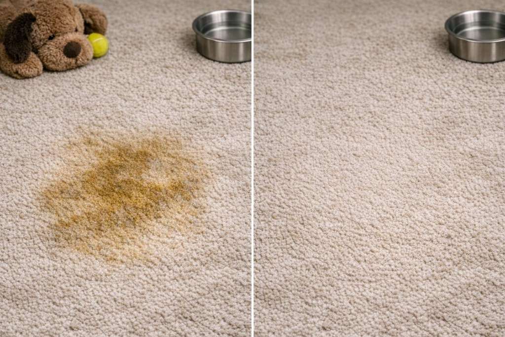 Pet odor & stain removal results on carpet after professional treatment