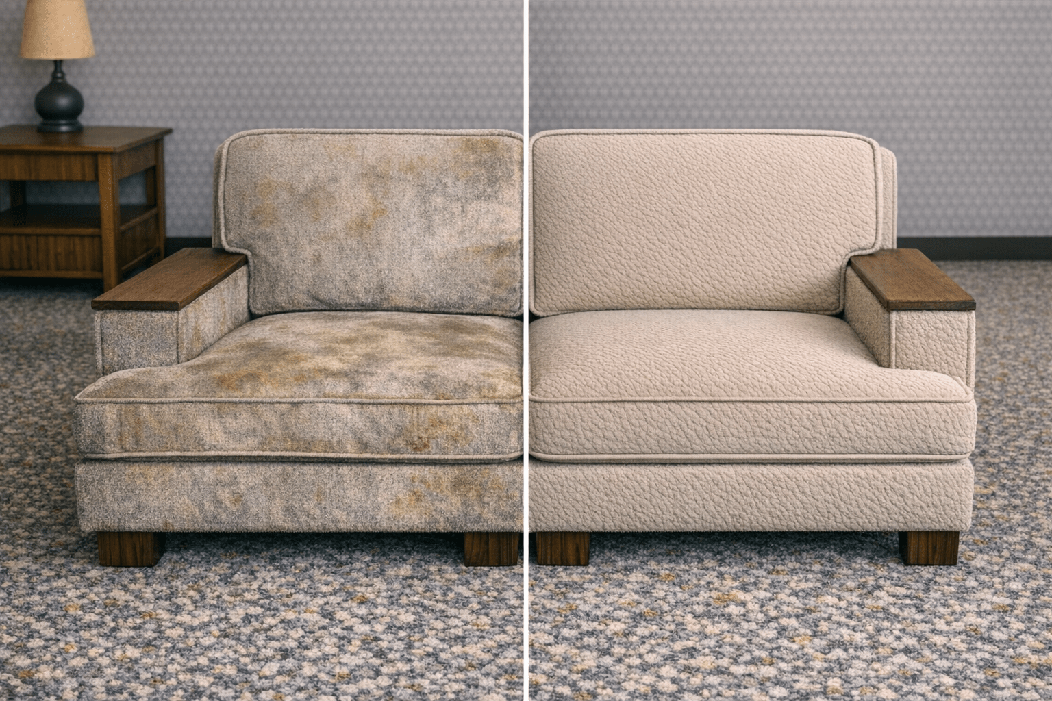Side by side upholstery cleaning results showing a cleaned chair in Eureka CA
