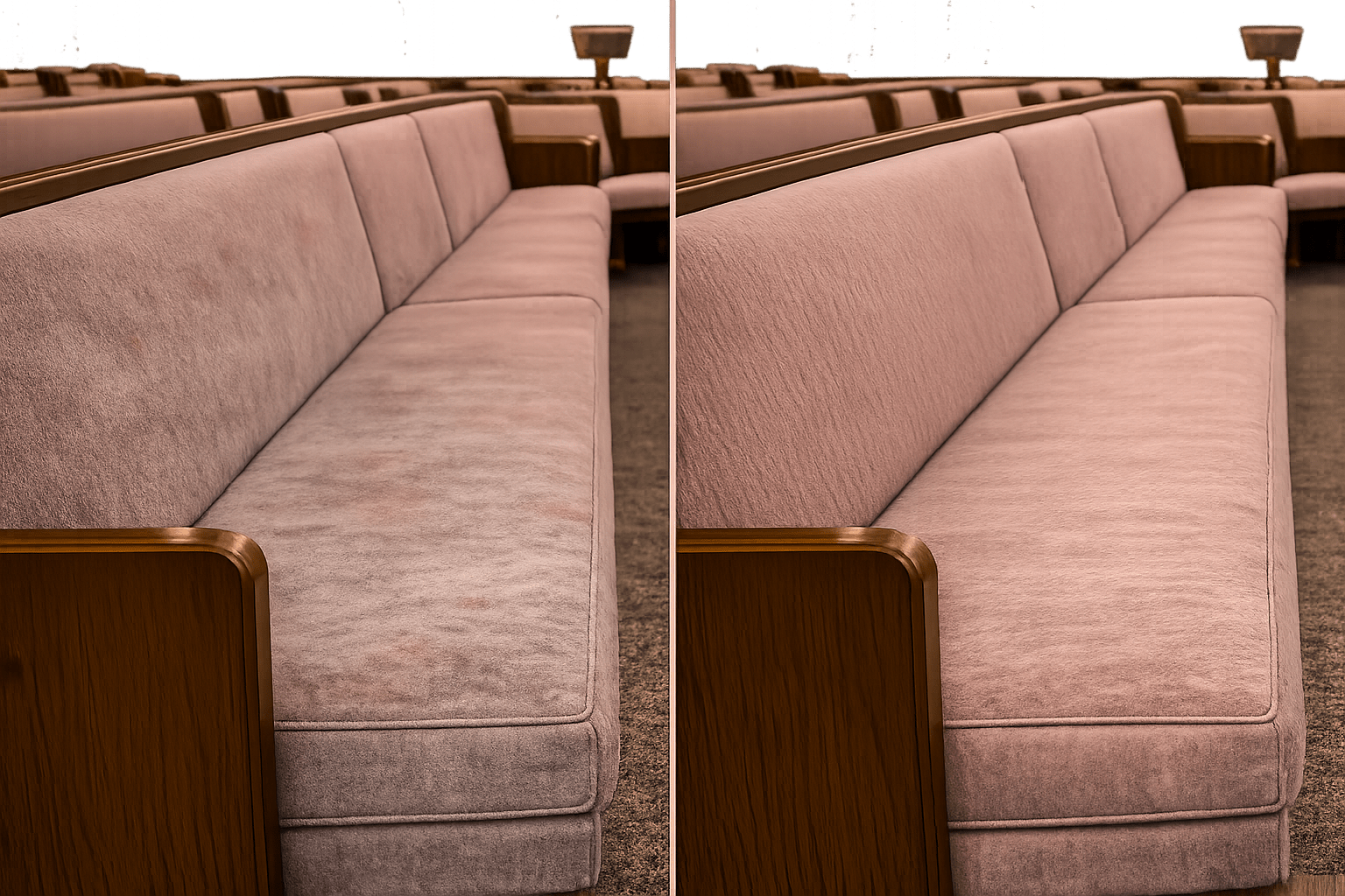 Side by side upholstery cleaning results on a church pew in Eureka CA