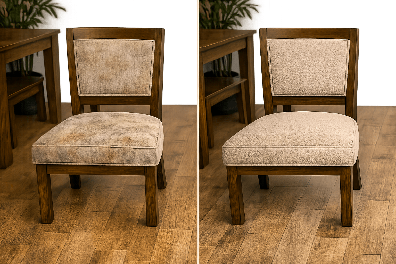 Side by side upholstery cleaning results showing a cleaned dining chair in Eureka CA