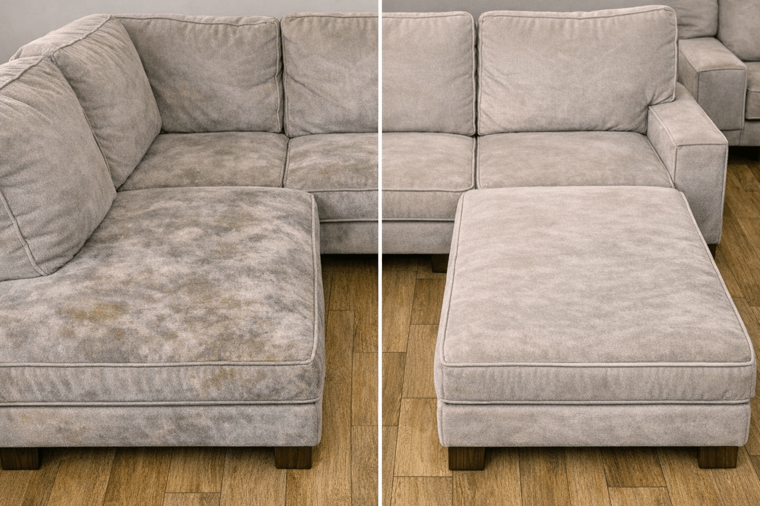 Before-and-after shot of a gray sectional: left side stained, right side freshly cleaned.