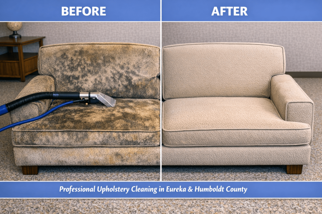 Before and after professional upholstery cleaning on a sofa in Eureka CA