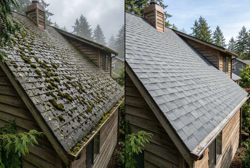 Before and after comparison of professional roof moss removal and soft washing service on a house in Humboldt County.
